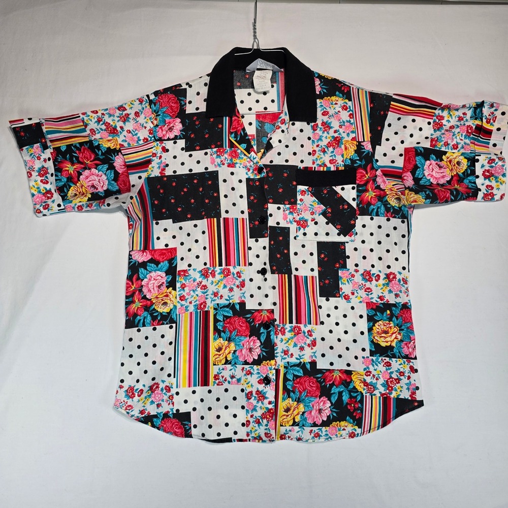 Vintage Blair Patchwork Floral Polka Dot Shirt Womens Medium Made in USA 6947